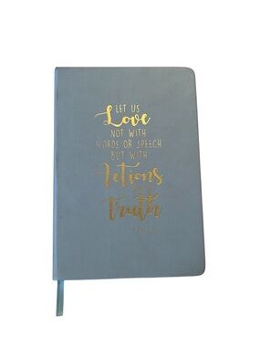 Light Blue Hardcover Journal with Bible Verse 1 John 3:18 Embossed in Gold Foil
